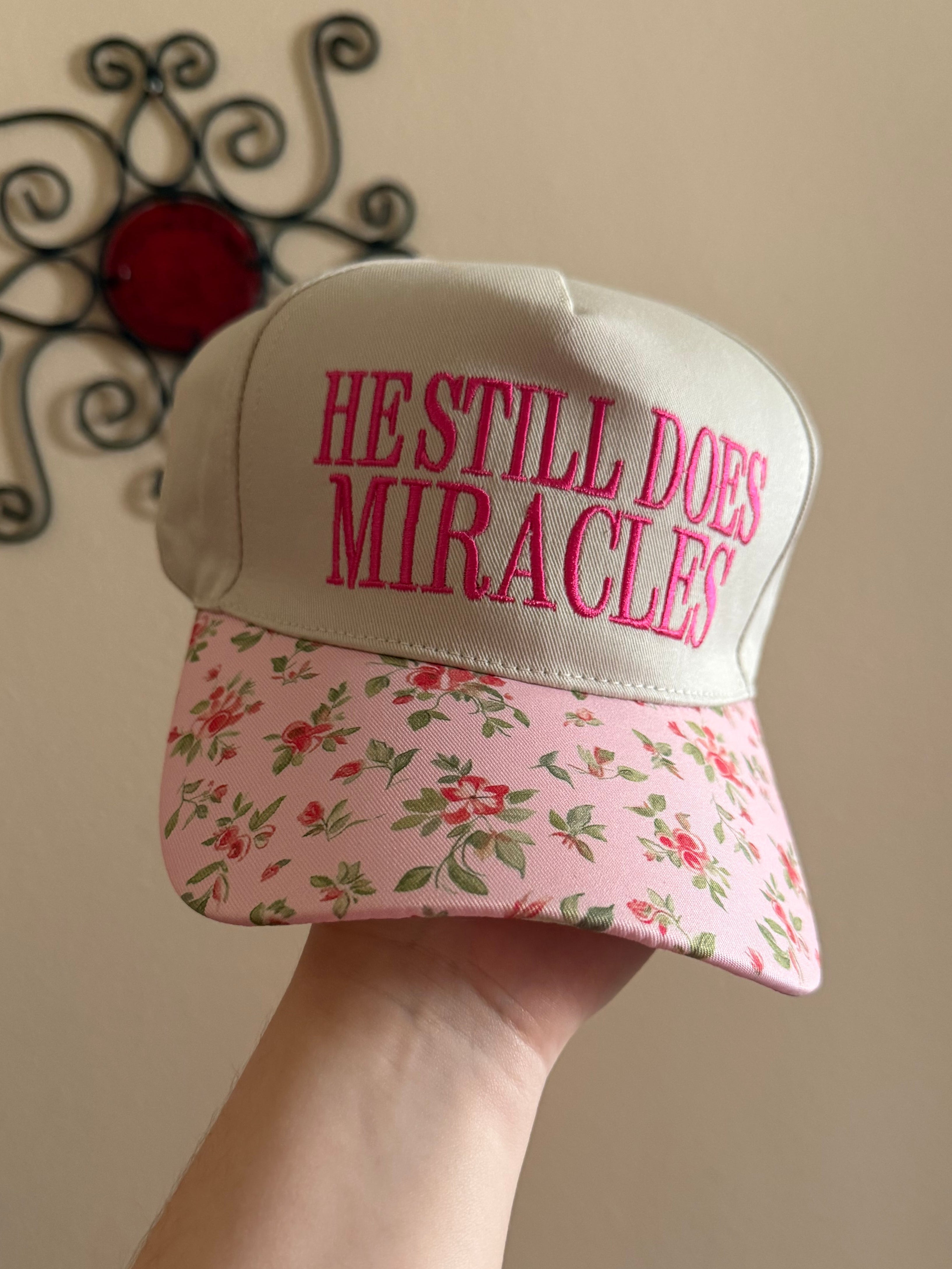 He Still Does Miracles Pink Floral Two-Tone Cotton Cap