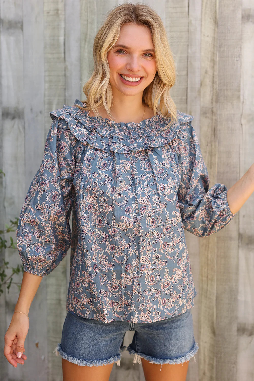 Heirloom Blue Paisley Ruffle Blouse