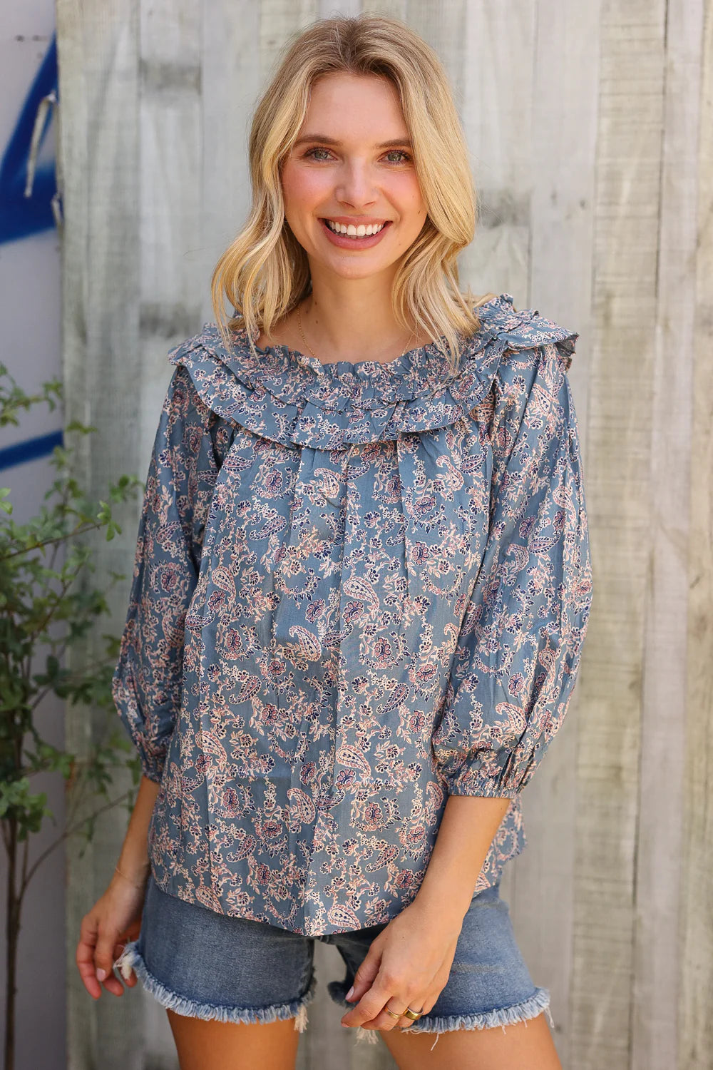Heirloom Blue Paisley Ruffle Blouse