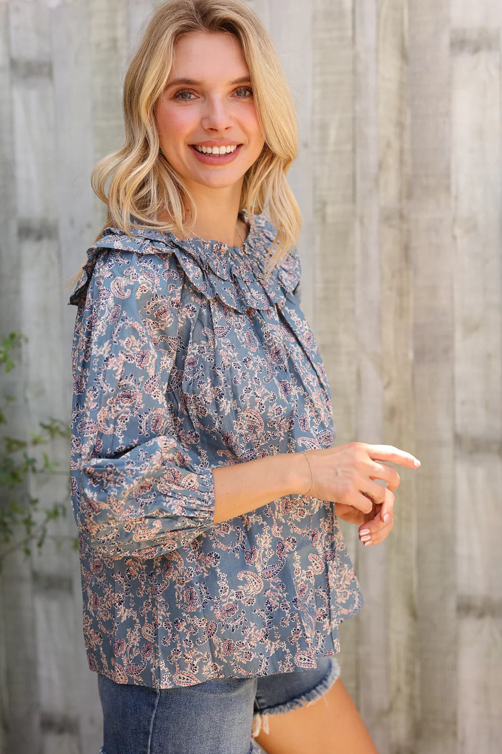 Heirloom Blue Paisley Ruffle Blouse
