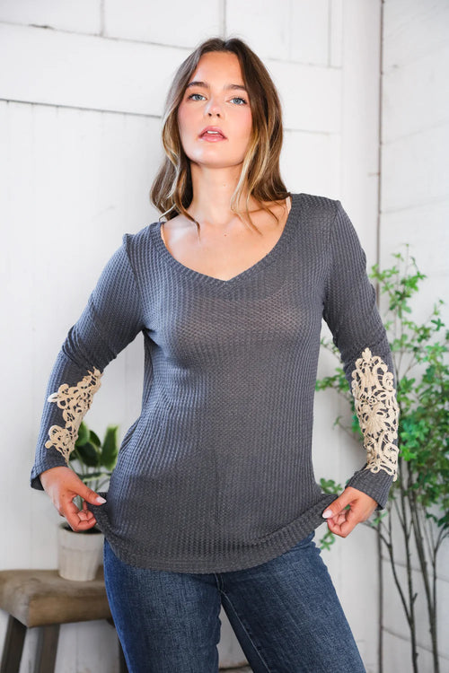 Emilie Charcoal Crochet Accent Thermal Top