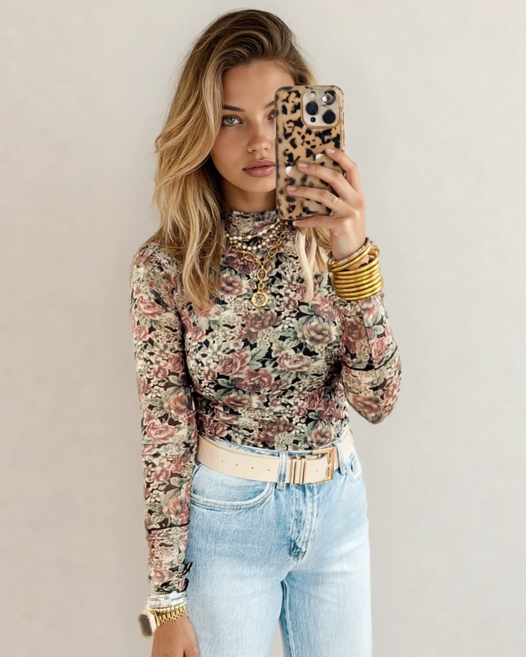 Ophelia Floral Mock Neck Mesh Long Sleeve Top