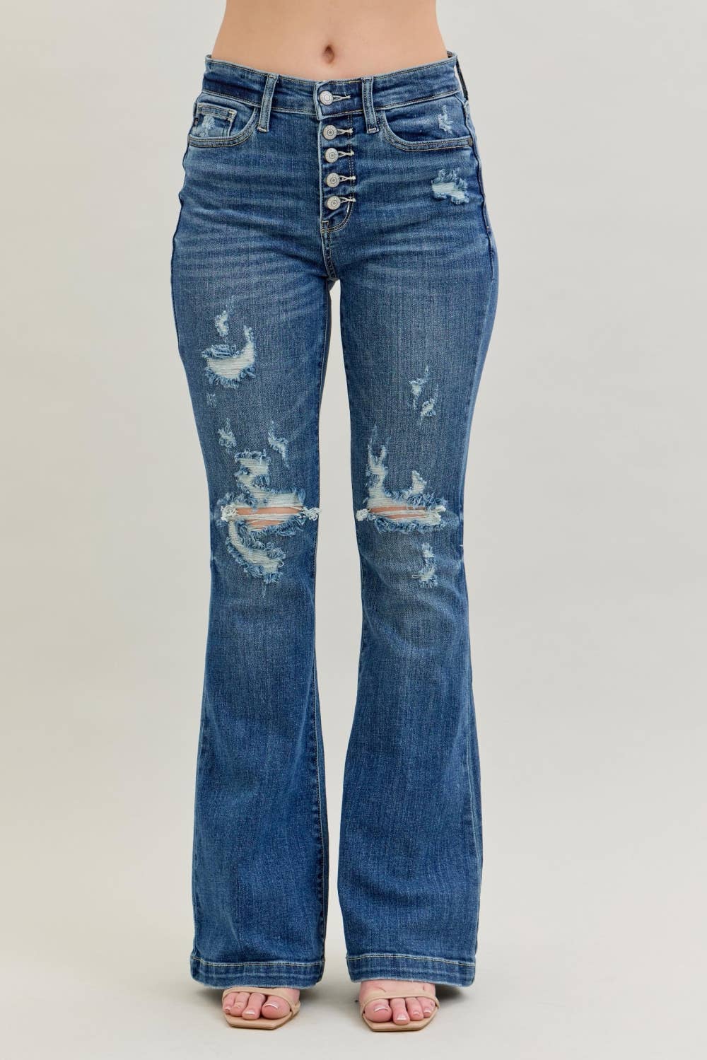 Judy Blue Midrise Button Fly Flare Distressed Trouser