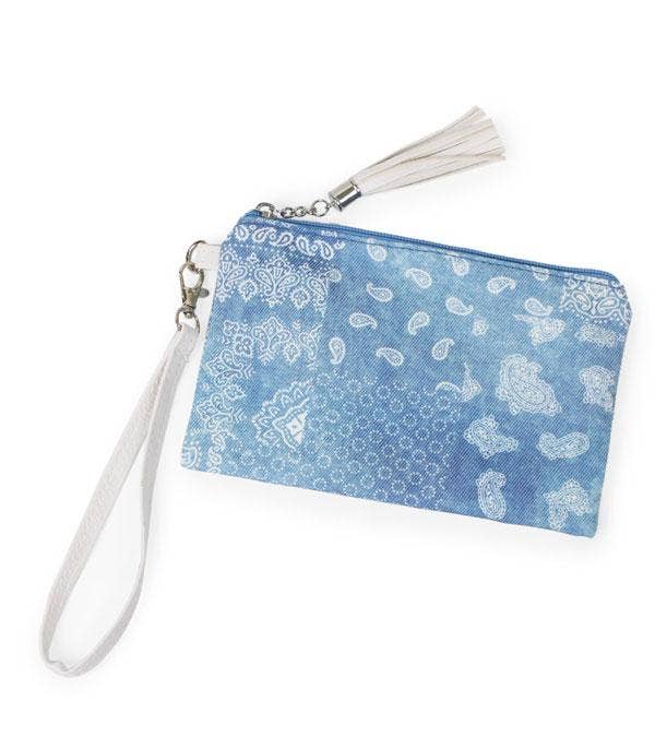 Denim Paisley Print Wristlet Pouch