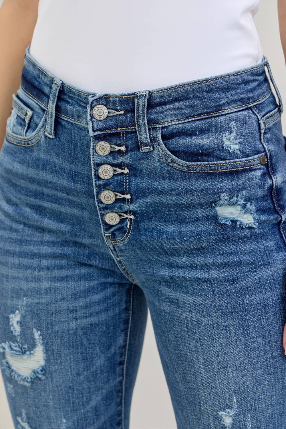 Judy Blue Midrise Button Fly Flare Distressed Trouser