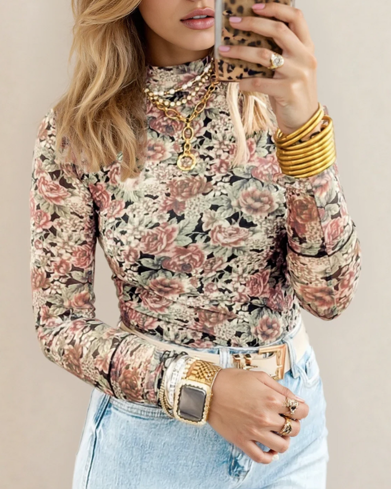 Ophelia Floral Mock Neck Mesh Long Sleeve Top