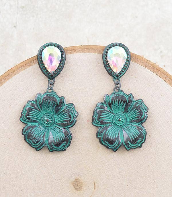 Patina Glass Stone Flower Earrings
