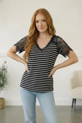 Black Lace Sleeve Striped Top