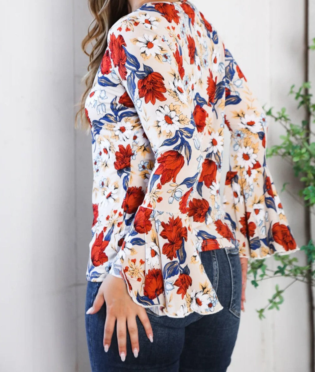 Rustic Floral Bell Sleeve Top