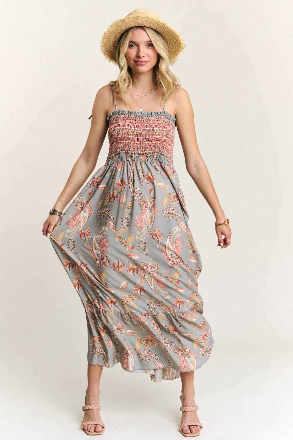 Saoirse Dusty Blue & Rose Vintage Style Floral Maxi Dress