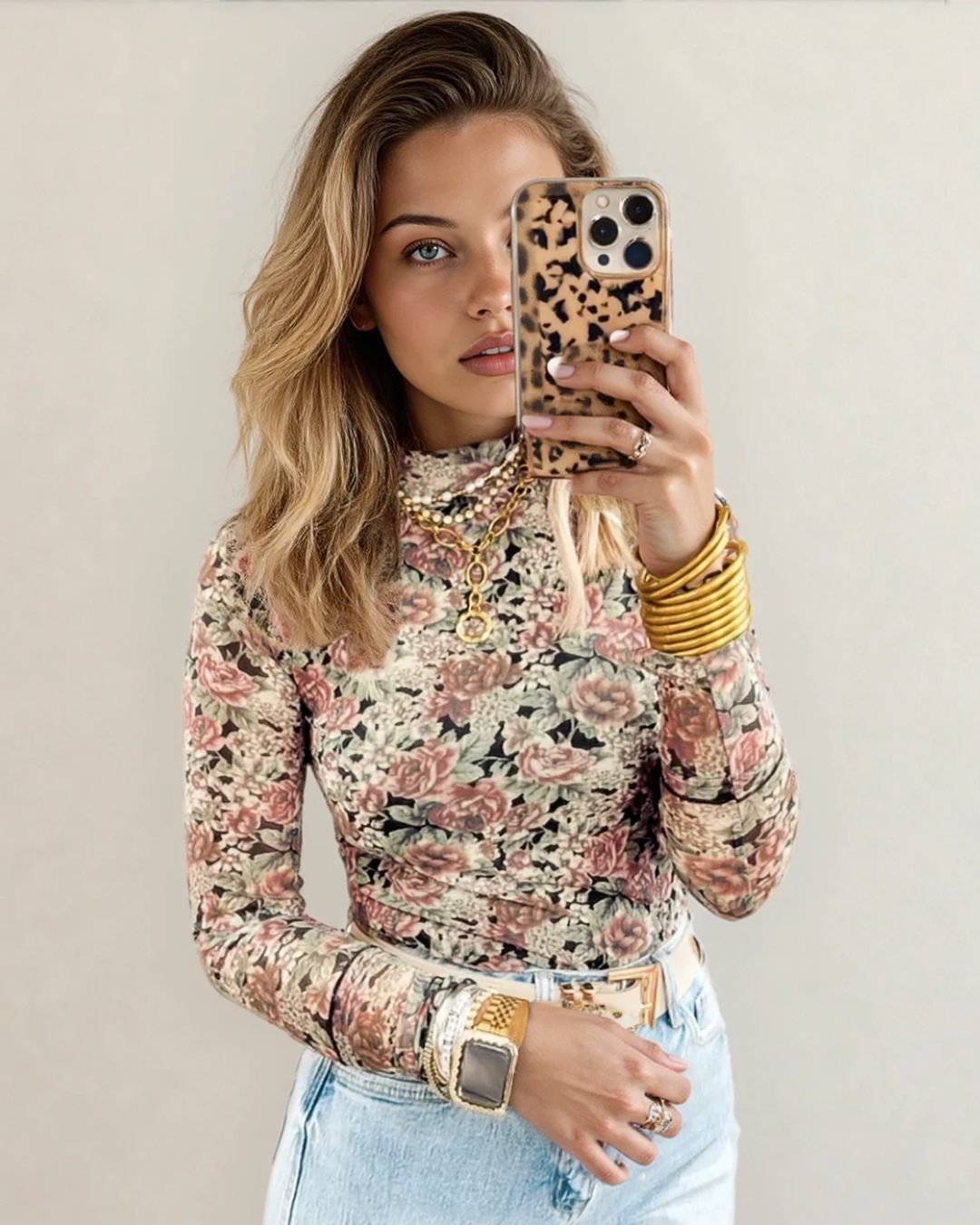 Ophelia Floral Mock Neck Mesh Long Sleeve Top