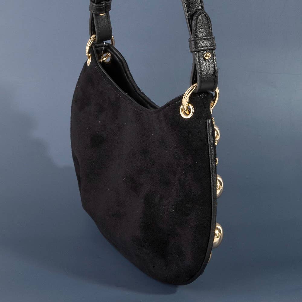 Ball Studded Trim Suede Hobo Shoulder Bags