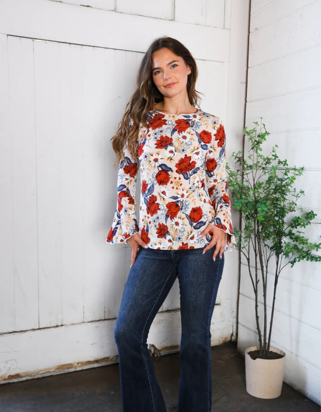 Rustic Floral Bell Sleeve Top